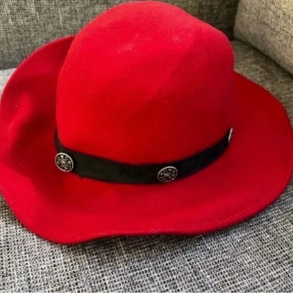 Vintage 60s Bollman Red Wool Ruffled Wide Brim Hat - Picture 3 of 6
